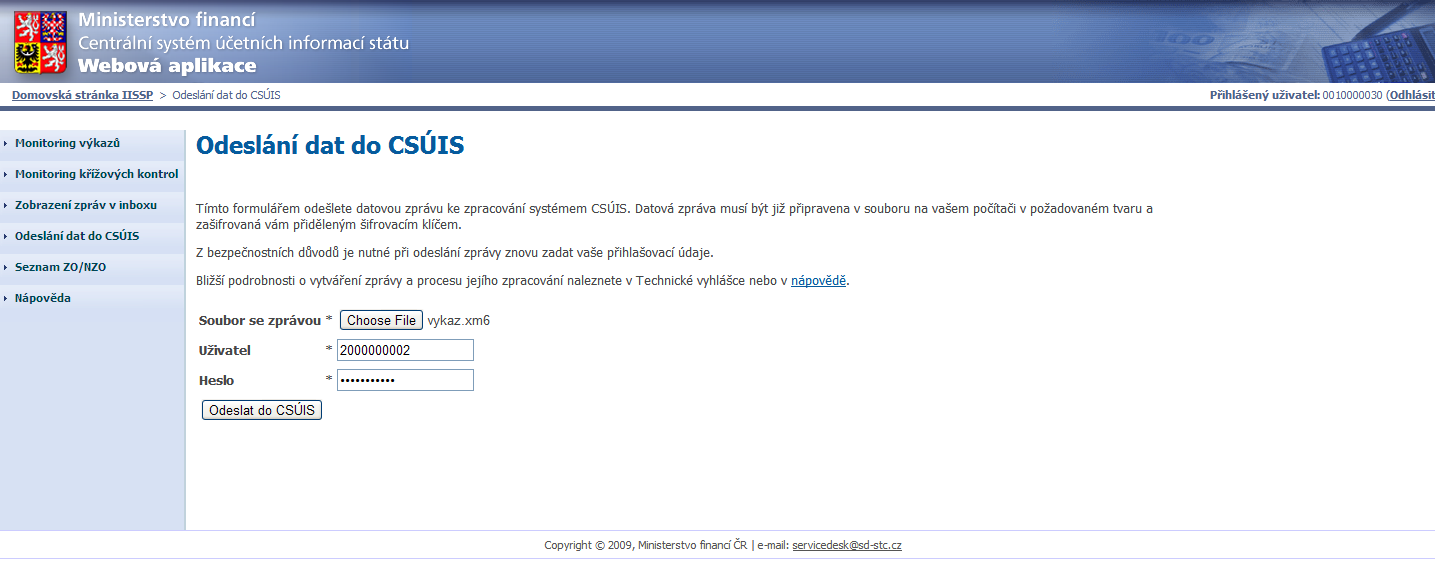 8. Po stisku tlačítka Odeslat do CSUIS dojde k přenosu vybraného souboru z lokálního počítače uživatele do systému IISSP.
