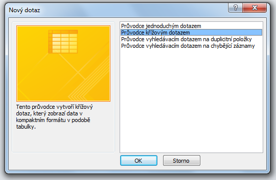 DOTAZY Křížový dotaz pomocí nástroje Průvodce dotazem V případě, že chcete zobrazit souhrnné přehledy dat ve formě tabulky, můžete použít křížovou tabulku.