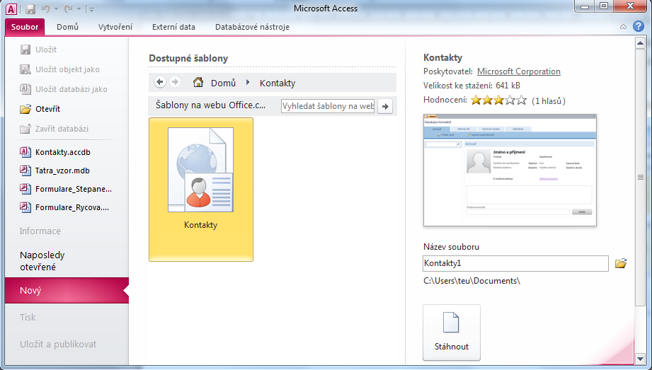 MS ACCESS 2.1 Tvorba nové databáze Databáze vytvořená pomocí MS Access 2010 je tvořena jedním souborem, do kterého jsou ukládány všechny objekty databáze. Soubor má koncovku accdb.