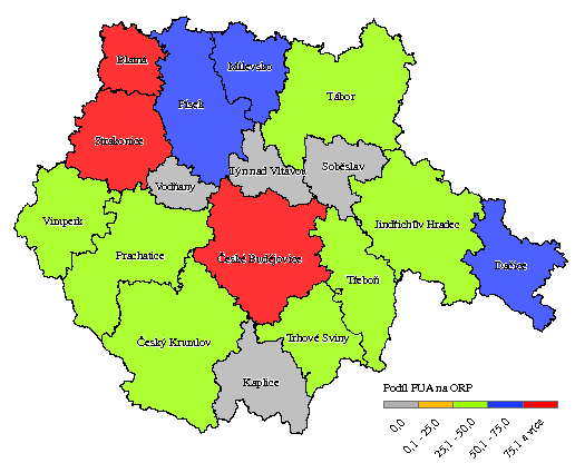 Obrázek č. 2 Podíl funkčně urbanizovaných území na ploše ORP Zdroj: RURU 2.1.2Věková struktura obyvatel JčK. Průměrný věk obyvatel ČR se pohybuje okolo 40,6 roku.