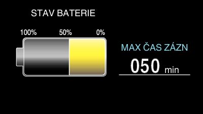 Záznam Zbývající doba záznamu/energie baterie Můžete zkontrolovat čas, který zbývá pro záznam na SD kartu, stejně jako zbývající energii baterie Pro volbu/pohyb kurzoru směrem nahoru/doleva nebo