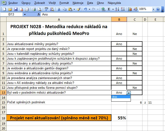 UTB ve Zlíně, Fakulta managementu a ekonomiky 64 Obrázek 32: Ukázka hodnocení stavu jednoho z projektů (vlastní zpracování) Na obrázku 32 je ukázka hodnocení jednoho z projektů.