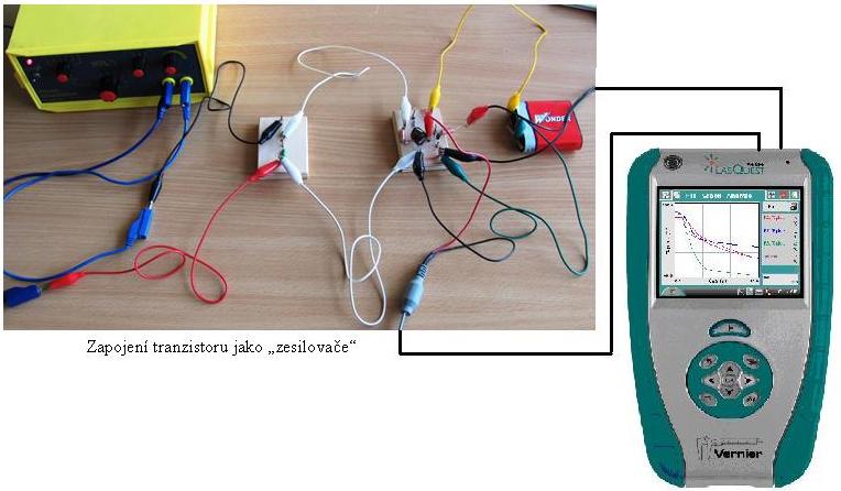 b) Zapojení tranzistoru jako zesilovače Postup 1. Voltmetry zapojíme do konektorů CH 1 a CH 2 LabQuestu. 2. Zapojíme tranzistor jako spínač dle schématu a).