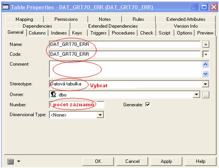 Obr. 9 Database Properties/Extended Attributes (zdroj: ČMZRB, a.s.) 3. Údaje o tabulce Údaje o tabulce se sledují na úrovni fyzického modelu té které databáze.