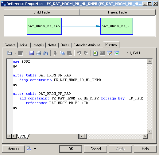 Údaje které se týkají integritního omezení (pro update a delete) pak najdeme pod záloţkou Integrity. Obr. 17 Reference Properties/Integrity (zdroj: ČMZRB, a.s.) Z PDM je moţné vygenerovat SQL skripty, coţ je velice důleţitá a uţitečná vlastnost.