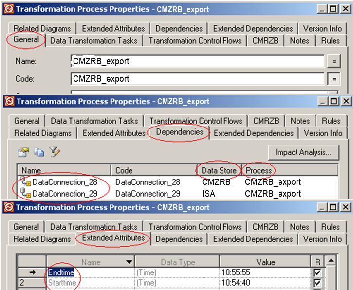 Obr. 29 Transformation Process Properties - General, Dependencies, Extended Attributes (zdroj: ČMZRB, a.s.) Data Transformation Tasks prezentují, jakým způsobem (akcí, úlohou) jsou data ze zdrojové databáze transformována do databáze cílové.