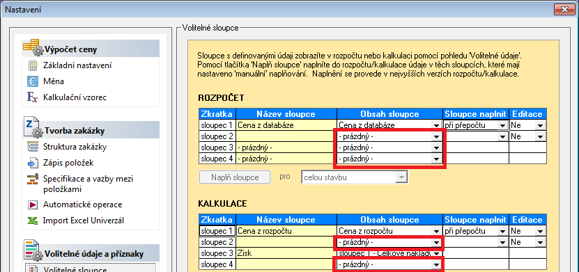 Při exportu do formátu Excel komplet 2012/VZ můžete pomocí nové volby nastavit, aby se ve vyexportovaném souboru zobrazily také standardně skryté sloupce (poznámka, DPH, hmotnost, normohodiny, suť).