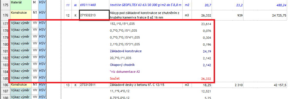 PŘÍKLAD: Řádky výkazu výměr (výpočty, mezisoučty, součty a poznámky) bývají ve formátu Komplet 2012 odlišeny jiným formátem. Původně se při označení řádku na import zobrazovala složitá otázka.