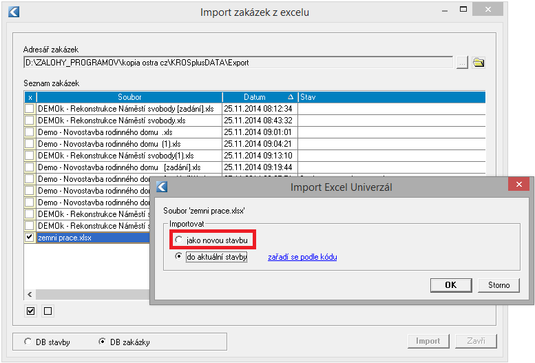 Při importu souboru do nové stavby se automaticky založí stavba s kódem IMPORT a název stavby podle názvu importovaného souboru.