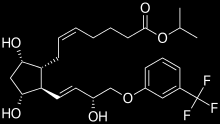 LATANOPROST Xalatan 0,005% V ČR od roku 1999 Analog prostaglandinu F 2α Po průchodu rohovkou je hydrolýzován na kyselinu latanoprostovou Březen 2011 vypršela patentová ochrana