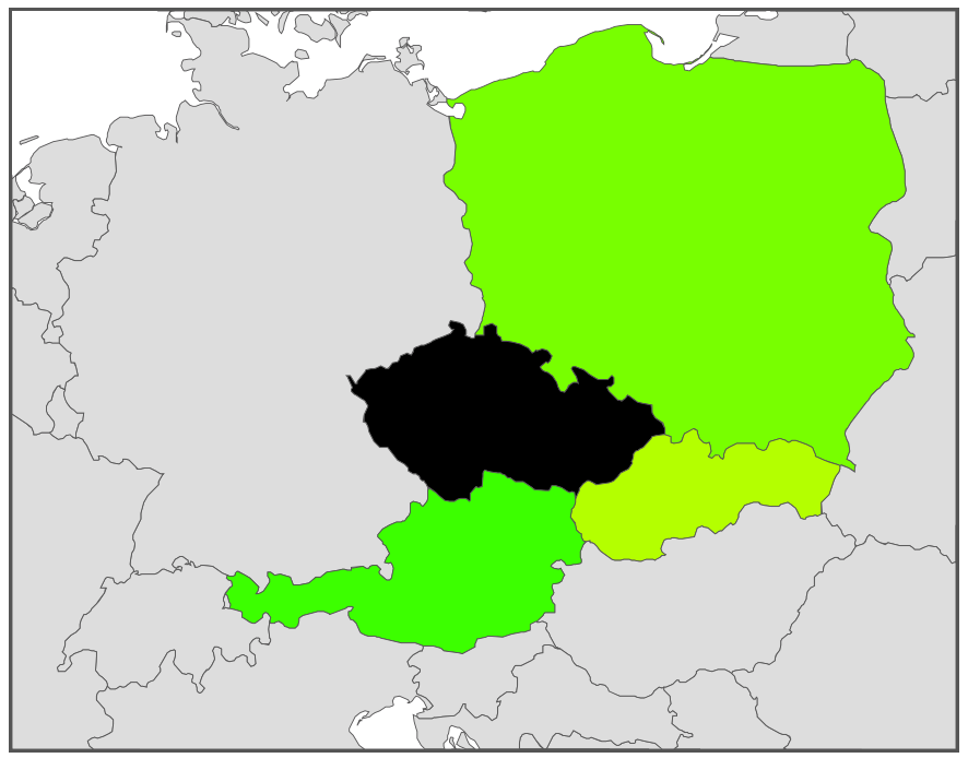 Obr. 24 Genetická vzdálenost mezi českou a ostatními populacemi znázorněná na mapě Obr.