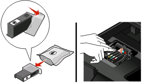 Poznámka: Tisková hlava e přesune do instalační pozice kazet. 3 Stiskněte uvolňovací páčku a vyjměte použitou inkoustovou kazetu nebo kazety.