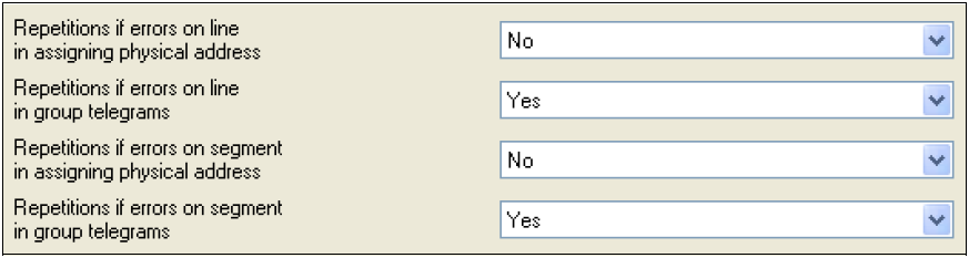 o Parametr "Telegram confirmation on main line" je nastaven na "always" u všech liniových spojek, takže všechny spojky odpoví a telegram není opakován, nebo o Parametr "Repetitions if transmission