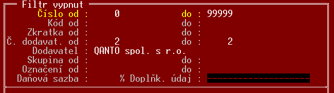Číselník zboží Kód od... do.... Zkratka od... do.... Č. dodavat. od do - zobrazí se pouze položky zboží vybraných dodavatelů.