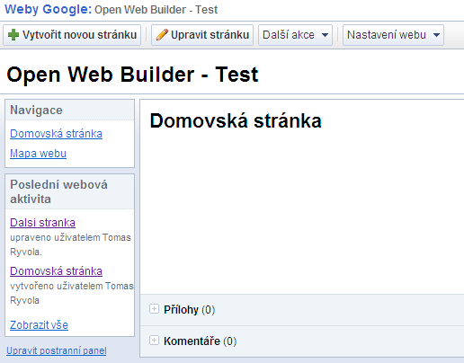 KAPITOLA 3 REŠERŠNÍ ZPRACOVÁNÍ EXISTUJÍCÍCH IMPLEMENTACÍ 11 Obrázek 3.2.3.1: Weby Google - jednoduché ovládání Shrnutí Aplikace Weby Google není klasický webbuilder typu Webnode a estránky.