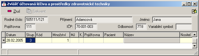 Přehled menu programu - Pojišťovna 123 V případě, že je založeno více dokladů pro daného pacienta, zobrazí se okno Doklady se seznamem existujících dokladů. Zde vyberte požadovaný doklad. 2.