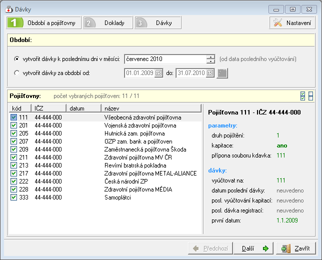 Přehled menu programu - Pojišťovna 133 dokladu, dávky a diskety se nastaví po instalaci programu ve volbě Smluvní pracoviště ( Konfigurace Smluvní pracoviště).