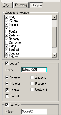 Přehled menu programu - Pojišťovna 163 Pracovní panel zobrazuje filtry, uživatelské parametry formuláře a management sloupců s možností přejmenování a definice součtových sloupců.