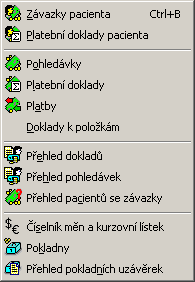 170 11. Medicus Přehled menu programu - Platby Menu platby shrnuje na jednom místě volby týkající se přehledu pohledávek pacienta, platebních dokladů, jejich přehledu apod.