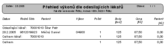 186 Medicus Po volbě přehledu pohledávek se zobrazí předchozí filtr s možností zadání výběru dokladů (pohledávky, zálohy), času od-do a volby výsledného typu přehledu - pouze sumář, přehled pacientů,