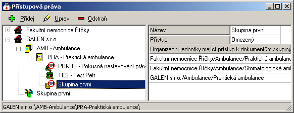 Přehled menu programu - Konfigurace 211 Nové přiřazení skupiny dokumentů pracovišti potvrď te tlačítkem OK. Stromová struktura přístupových práv bude vypadat následovně: Varianta č.2 1.