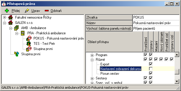 212 Medicus 3.Pomocí funkce Konfigurace - Přístupová práva zakažte zvolenému pracovníkovi přístup k tunkci Nastavení zobrazených dat (přístupové právo Různé - Nastavení zobrazení dekursu).