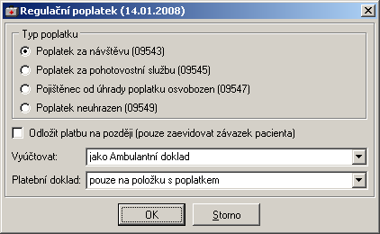 Přehled menu programu - Nápověda 241 Tato funkce je dostupná přímo z ambulantní karty (Ambulance Ambulantní karta nebo přes ) ikonou poplatku, na dokladech pro pořízení výkonů tlačítkem nebo volbou