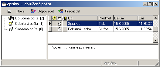 Přehled menu programu - Program 4.6. 39 Zprávy Volba Program - Zprávy nebo klávesová zkratka Ctrl-Shift-Z. Okno se seznamem doručené, odeslané a smazané interní pošty.