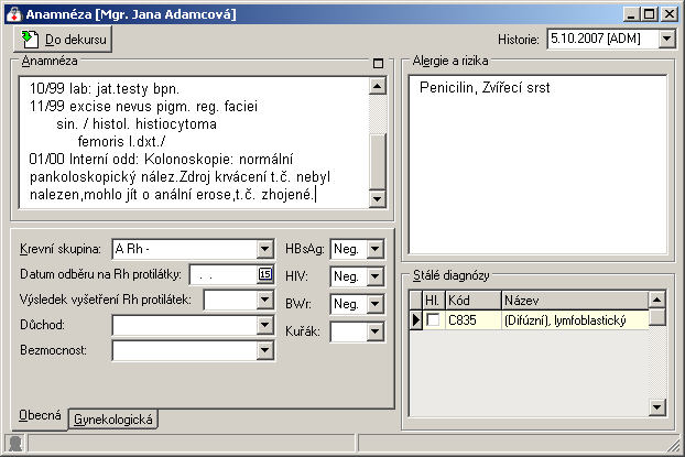 60 Medicus V okně anamnézy lze vyplnit anamnézu, alergie a rizika, stálé diagnózy a další údaje (krevní skupinu atd.). Do pole Anamnéza a Alergie a rizika lze zapisovat jakýkoliv text bez omezení.