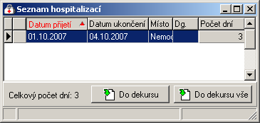 Přehled menu programu - Ambulance 63 6.17. Chorobopisy pacienta Volba Ambulance - Chorobopisy pacienta. Volbou zobrazíme tabulku chorobopisů vztahujících se ke zvolenému pacientu z kartotéky.