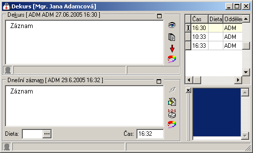 Přehled menu programu - Oddělení 85 Okno dekursu je téměř shodné s oknem ambulantní karty. V dekursu je možné prohlížení, zápis a opravy záznamů o vyšetření pacienta.
