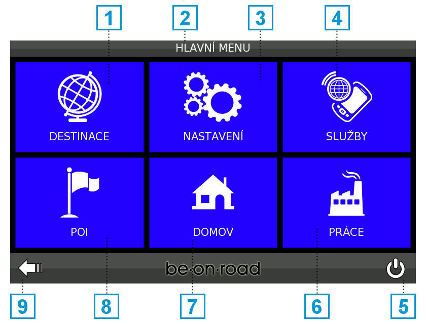 4.3. Hlavní menu Pokud v obrazovce s mapou kliknete na tlačítko MENU v pravém dolním rohu, dostanete se do hlavního menu aplikace.