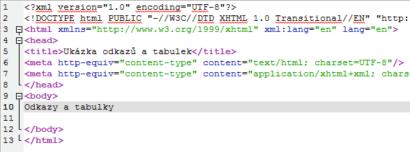 4. Soubor se základní strukturou webové stránky uložte na Plochu pod názvem prvni-dokument.html např. kliknutím na ikonu diskety v panelu nástrojů nebo v menu Soubor Uložit. 5.