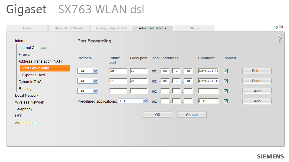 Port forwarding (PAT) Poznámky Port Forwarding se používá ke stanovení, které lokální IP adresy/porty router převádí na které veřejné IP adresy/porty.