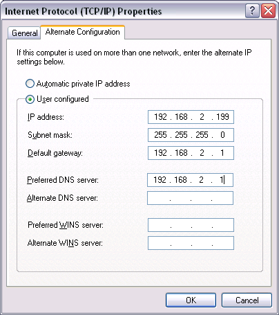 5. Klikněte na [ Properties ]. 6. Zvolte záložku "Alternate Configuration". 7. Zadejte IP adresu, subnet mask, standard gateway a DNS server.