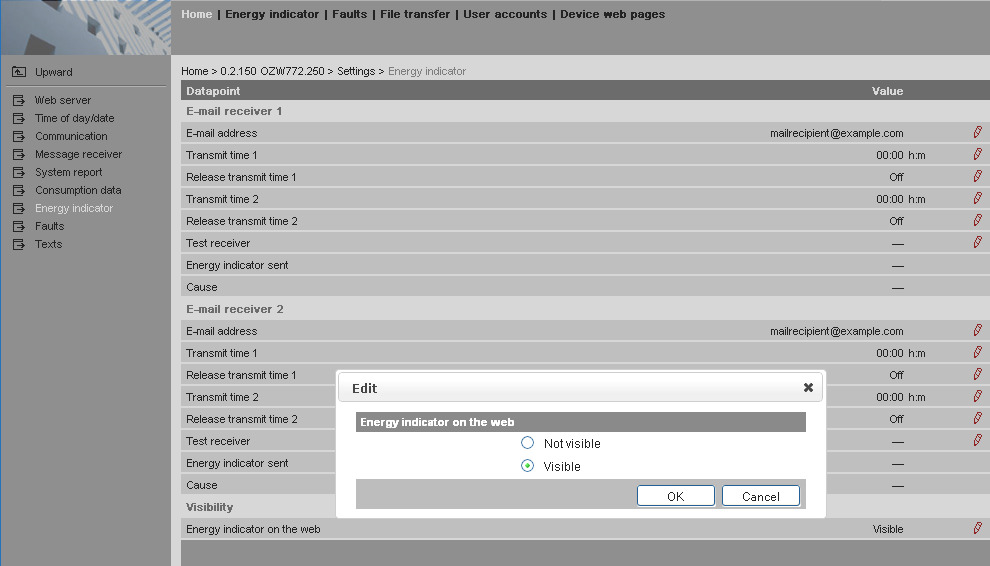 6.2.5 Viditelnost Indikátoru spotřeby energie Konfigurace viditelnosti Viditelnost symbolu "Indikátoru spotřeby" se konfiguruje v administrátorské a servisní přístupové úrovni web serveru.