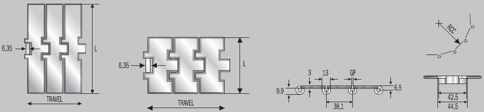 Přímoběžné řetězy jeden čep ČEPY HB NEBO XHB NA PŘÁNÍ SUPER - HARD INOX Destičky ze speciální chromniklové nerez oceli, mechanicky zpevněné pro velkou odolnost, s lesklým povrchem s drsností Ra 0,3