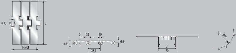 Přímoběžné řetězy - zesílený čep ČEPY HB NEBO XHB NA PŘÁNÍ SUPER - HARD INOX Destičky ze speciální chromniklové nerez oceli, mechanicky zpevněné pro velkou odolnost, s lesklým povrchem s drsností Ra