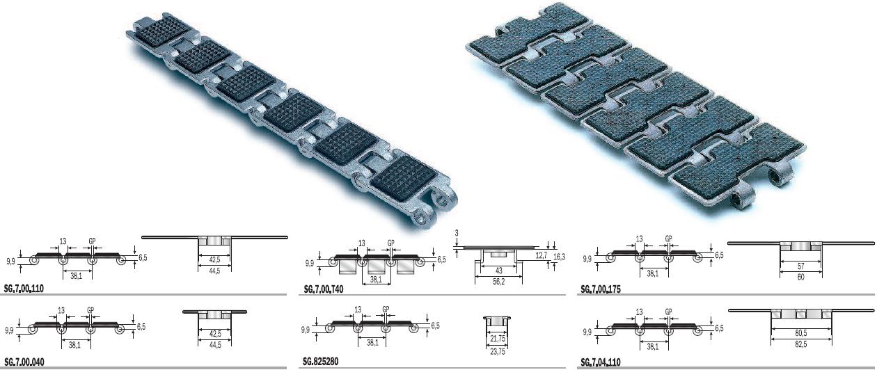 Přímoběžné řetězy s pryžovými vložkami pro šikmé dopravníky SUPER G / DHG - HARD INOX ČEPY HB NEBO XHB NA PŘÁNÍ Destičky ze speciální chromniklové nerez oceli, mechanicky zpevněné pro velkou odolnost