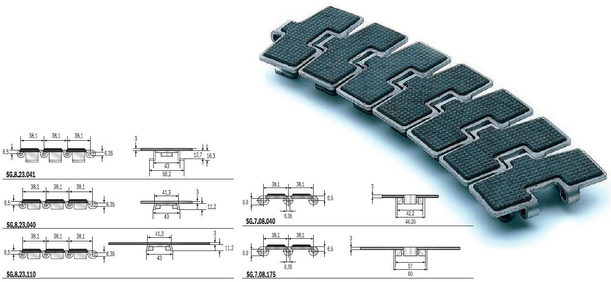 Zatáčkové destičkové řetězy s pryžovými vložkami pro šikmé dopravníky FLEX RXMS G / NEW FLEX G MAG - HARD INOX Destičky ze speciální chromniklové nerez oceli, mechanicky zpevněné pro velkou odolnost