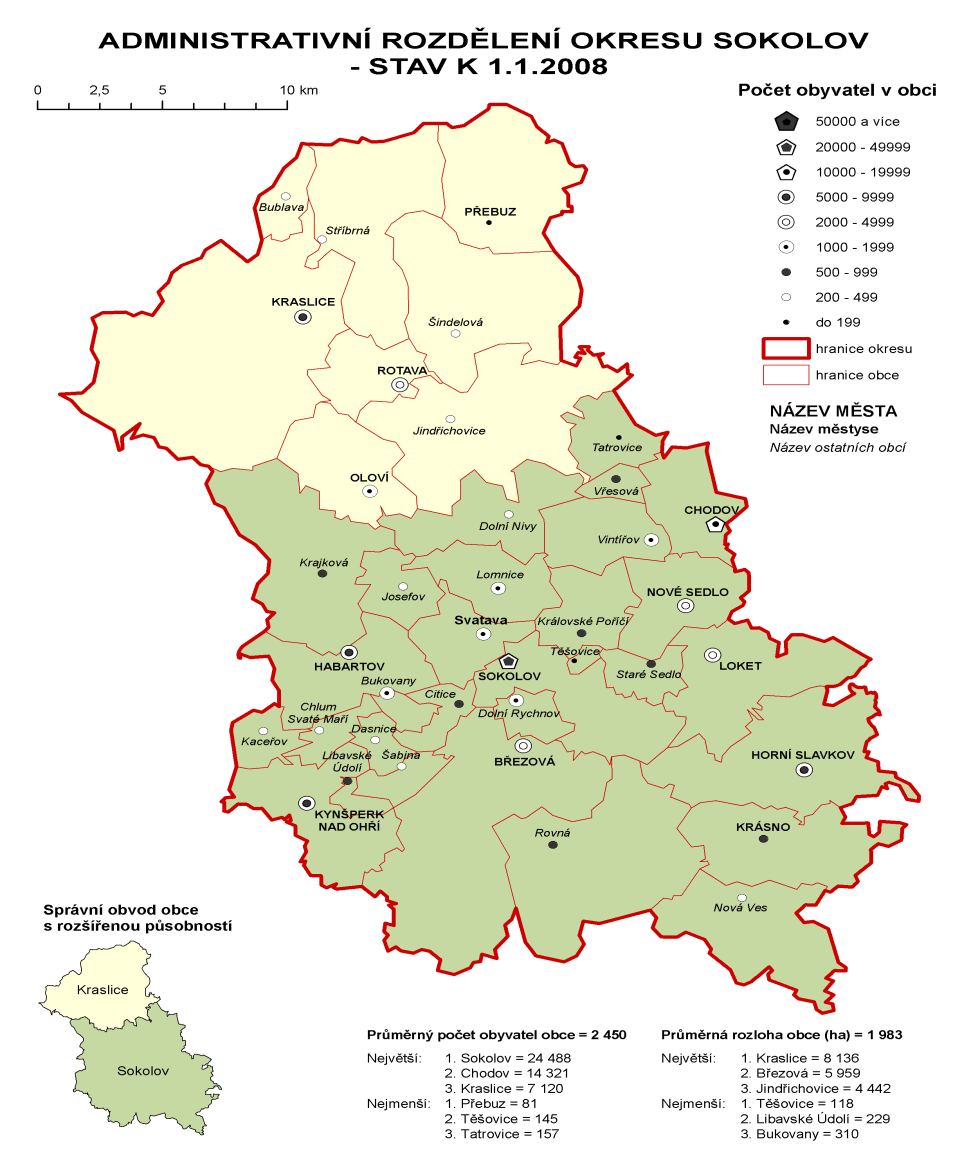 Obrázek 3: Administrativní rozdělení okresu Sokolov Zdroj: ČSÚ (2008) Jako v celém kraji i zde převládá drsnější klima, jelikož v severní části okresu se nachází masiv Krušných hor.