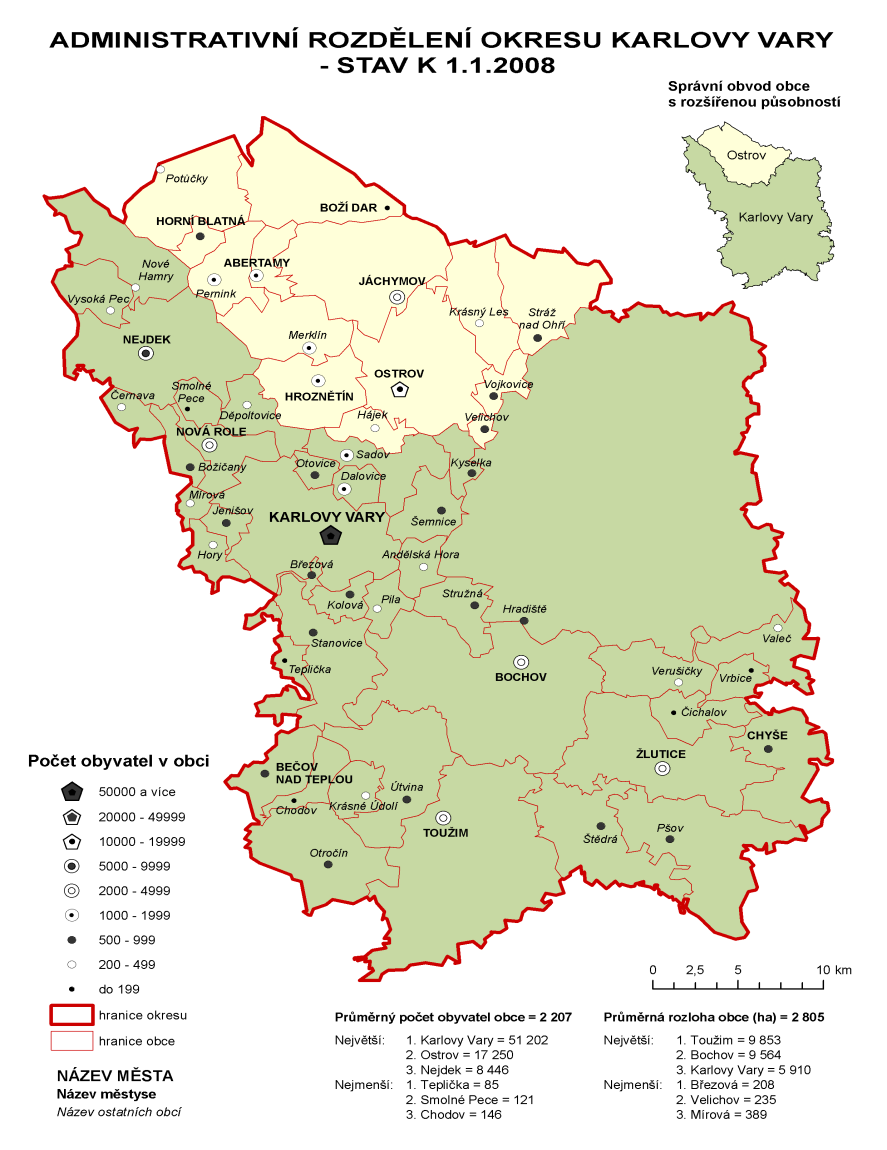 Obrázek 4: Administrativní rozdělení okresu Karlovy Vary Zdroj: ČSÚ (2008) Klima Karlovarska je ovlivněno Krušnými horami, v nichž se nachází nejvyšší bod okresu Klínovec.