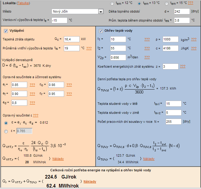 Vypočtená roční potřeba tepla před zateplením. Vypočtená roční potřeba tepla po zateplení. Výsledek před zateplením: 86,4 MWh/rok.