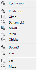 tlačítka odpovídají volbám příkazu ZOOM. Užitečná jsou zejména tlačítka pro záběr celé kresby Zoom vše a Zoom maximálně.