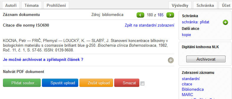 Obrázek 2 Zobrazení personální autority v portálu Medvik Pokud chce autor archivovat dokument, vybere si ze seznamu dostupných dokumentů záznam, ke kterému chce archivovat plný text a zvolí tlačítko