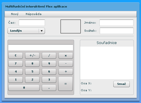 6.3b: Flex aplikace v počátečním stavu Pracovní plocha je rozdělena horizontální čárou na dvě části. V první z nich se nachází služby pro určení světového času a data svátku.