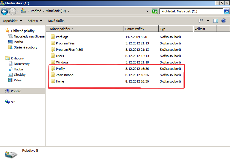 27. Na disku C:\ serveru vytvořte složky: Profily Zamestnanci Home 28.