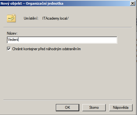 9. Na serveru vytvořte organizační jednotku s názvem Vedeni (Spravce server->role->služba AD DS->Uživatelé a počítače..->pravý tl.