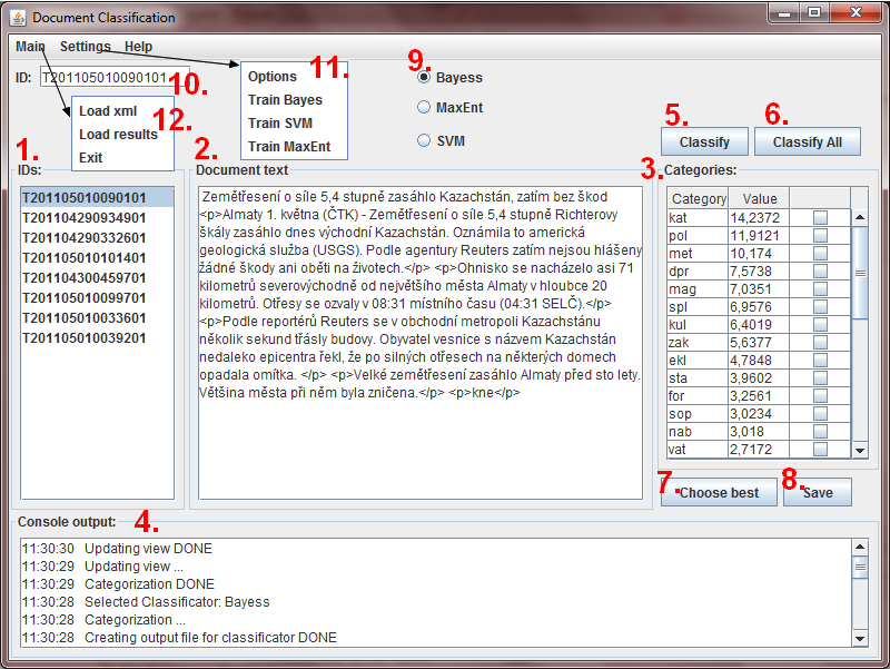 4.3 GUI aplikace 28 Obrázek 4.1: GUI aplikace 5. Klasifikuje právě zobrazený článek v okně č. 2. a mezivýsledky ukládá do souborů definovaných v properties souboru. 6.