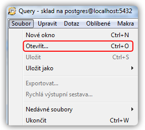 Uživatelská dokumentace Popis hlavního okna programu Obrázek E.4: Tlačítko SQL Po zobrazení okna konzole klikneme do hlavního menu na položku Soubor a zde vybereme Otevřít.